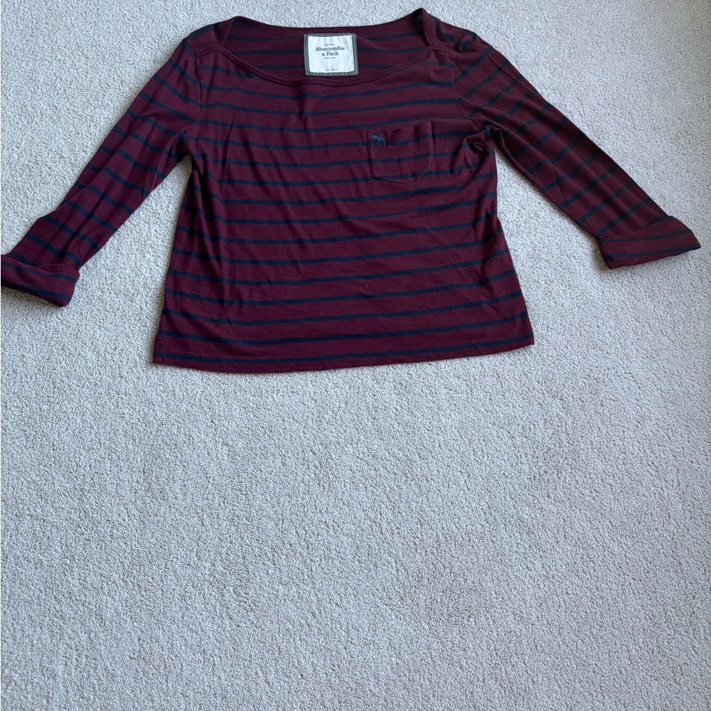 Abercrombie & Fitch Burgundy and Navy Striped Long Sleeve Tee
